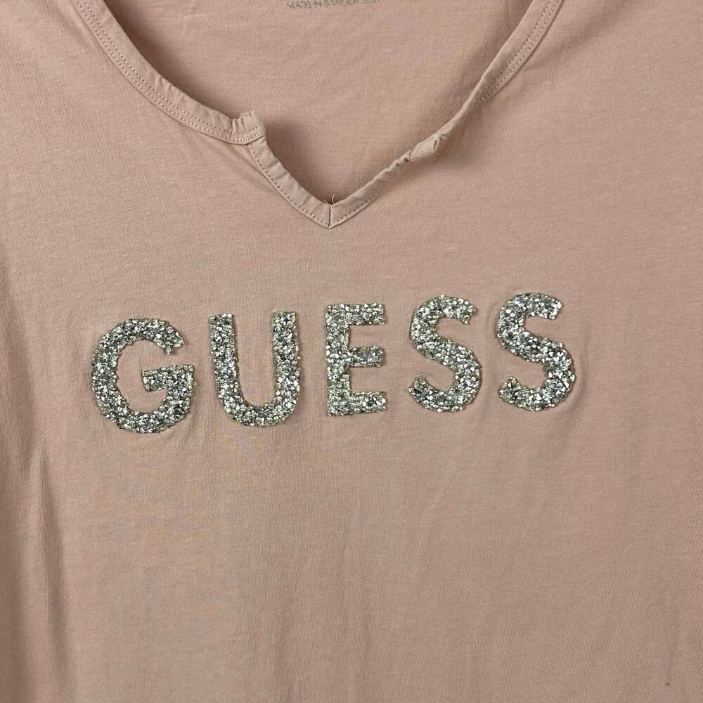 GUESS Rhinestone Logo Tee Y2K Baby Tee McBling Glam Graphic Pink Women Large - Picture 2 of 5